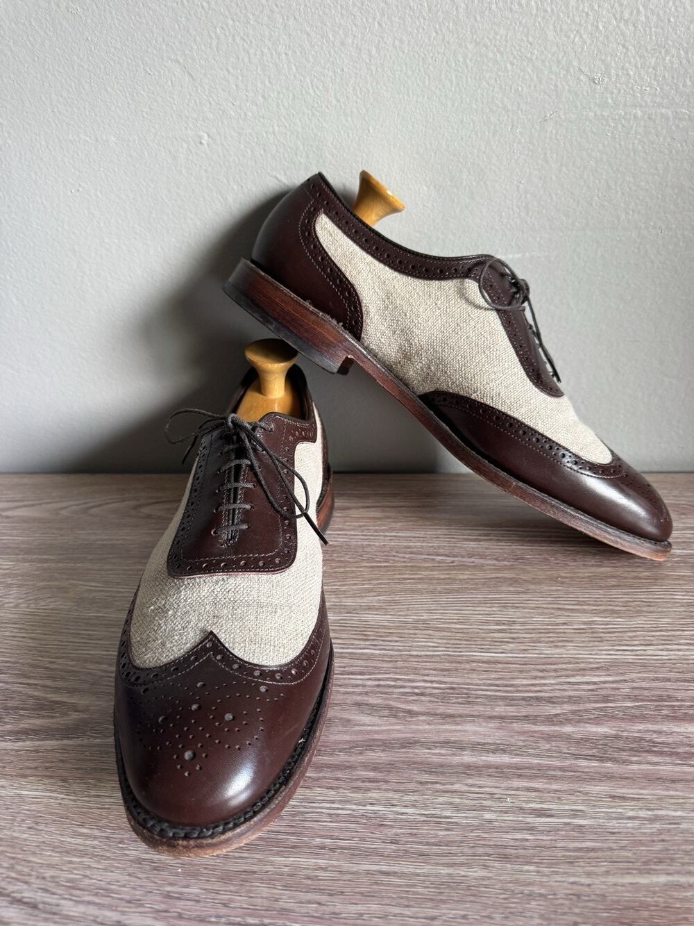 Mens Allen Edmonds Strawfut Brn Leather/Linen Spectator OXFORD DRESS Shoes 11 D
